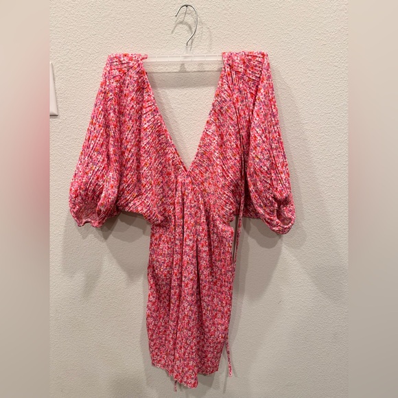 Nwt Zara Pink Floral Knit Mini Dress with Puff Sleeves - Picture 3 of 5